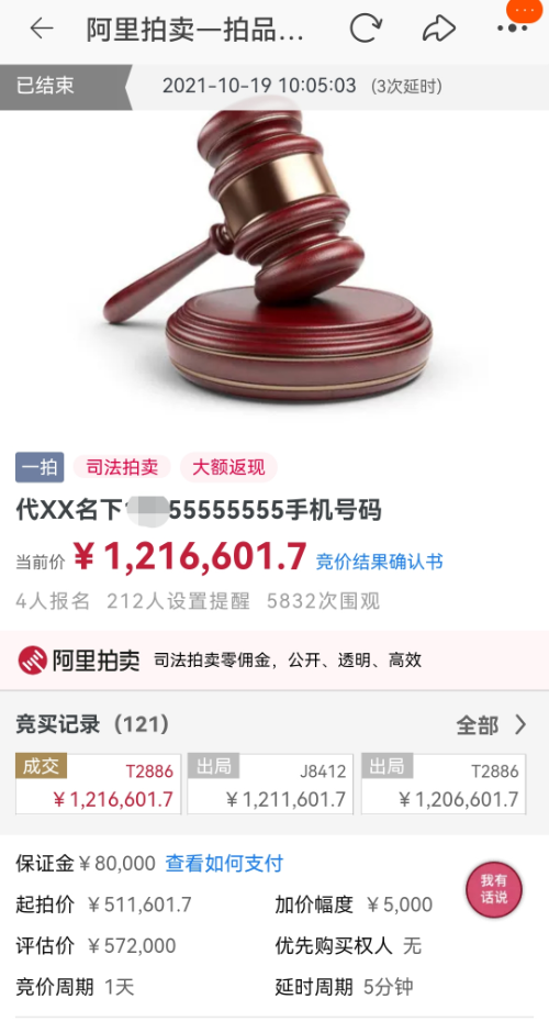 121.66万!涡阳法院成功拍出尾号为“55555555”手机靓号
